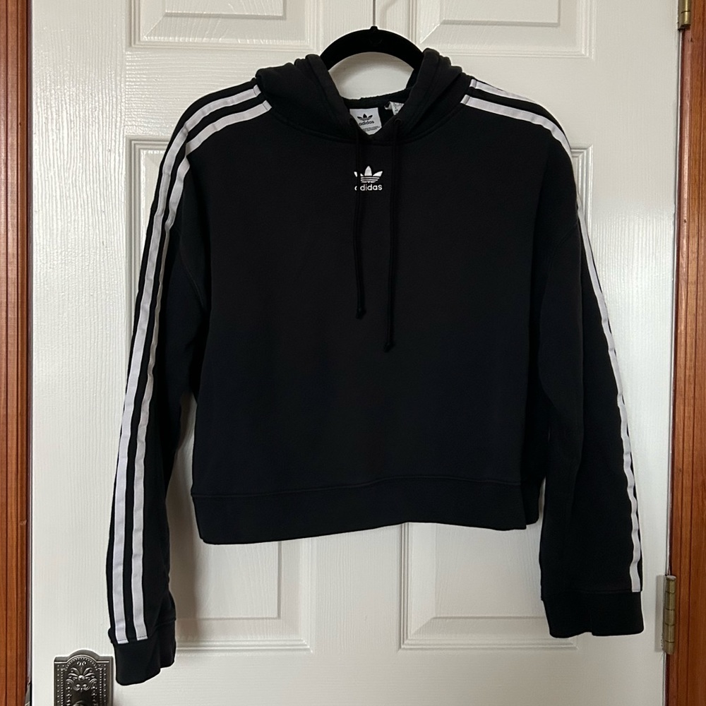 ADIDAS - Cropped Black Sweatshirt w/ Adidas Logo/Stripes, Size: M